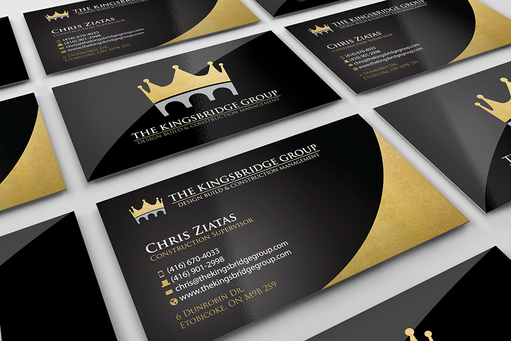 The Kingsbridge Group- business card design, logo design, branding, brand design: construction, gold, design build, logo